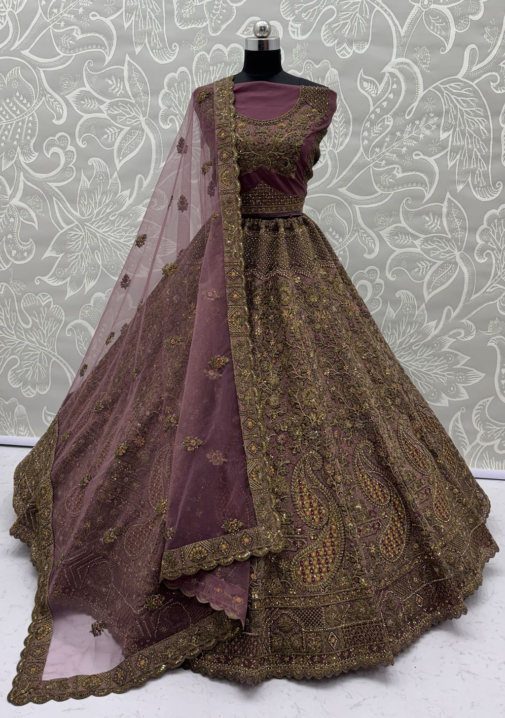 Light Purple Pure Soft Heavy Net Sequins Embroidery Work Bridal Lehenga 