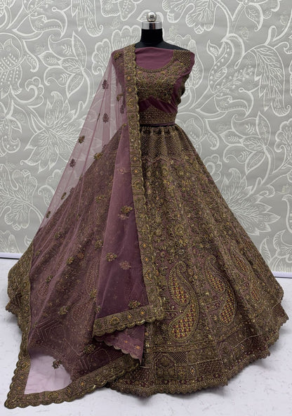 Light Purple Pure Soft Heavy Net Sequins Embroidery Work Bridal Lehenga 