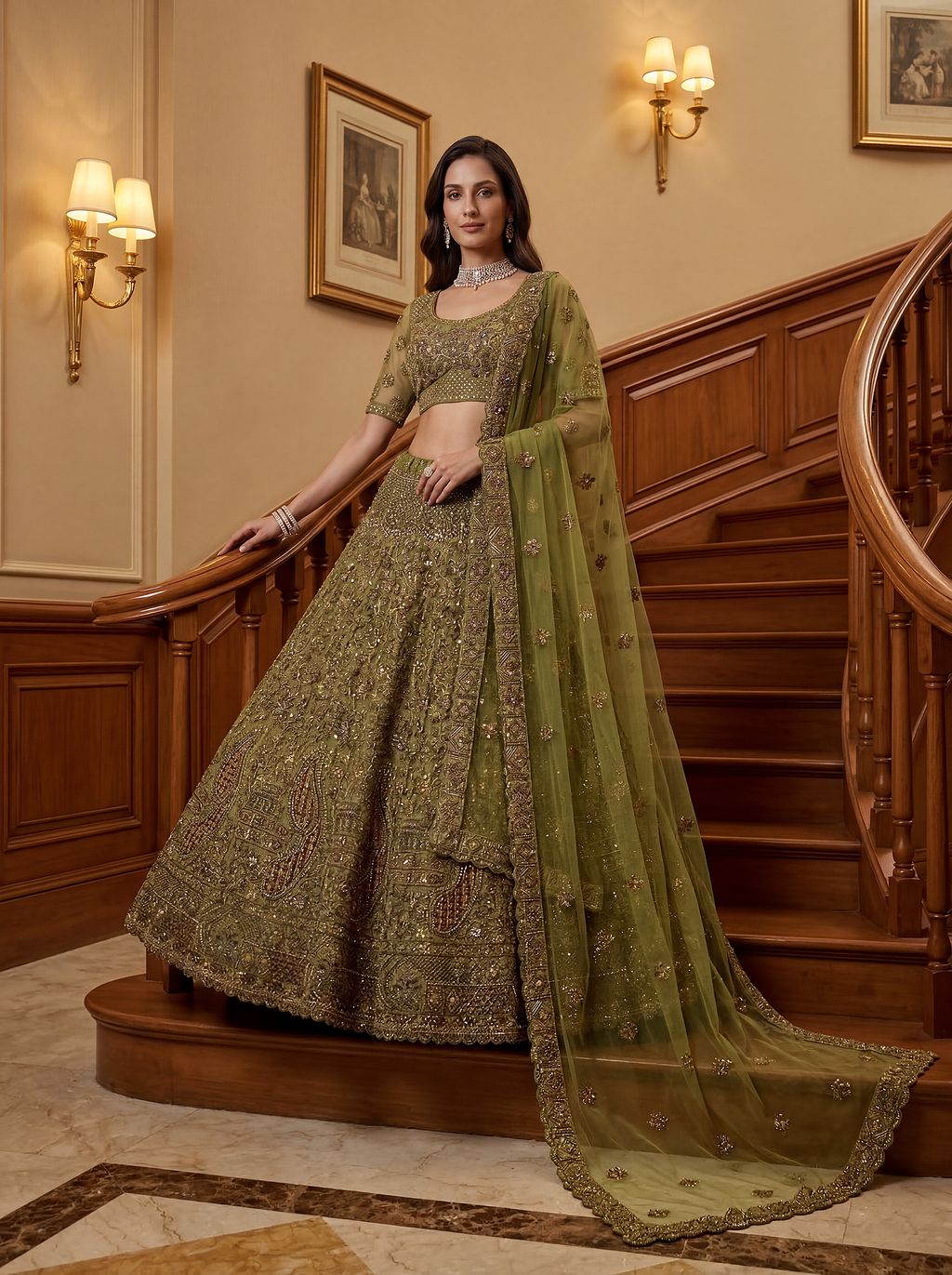 Pista Pure Soft Heavy Net Sequins Embroidery Work Bridal Lehenga 