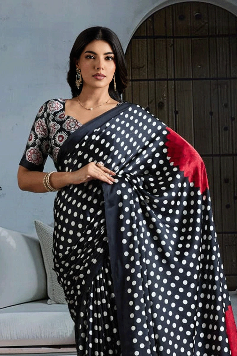 Black Pure Modal Satin Ajrakh Print Satin Saree Japan Satin Saree Anant Tex Exports Pvt.Ltd..