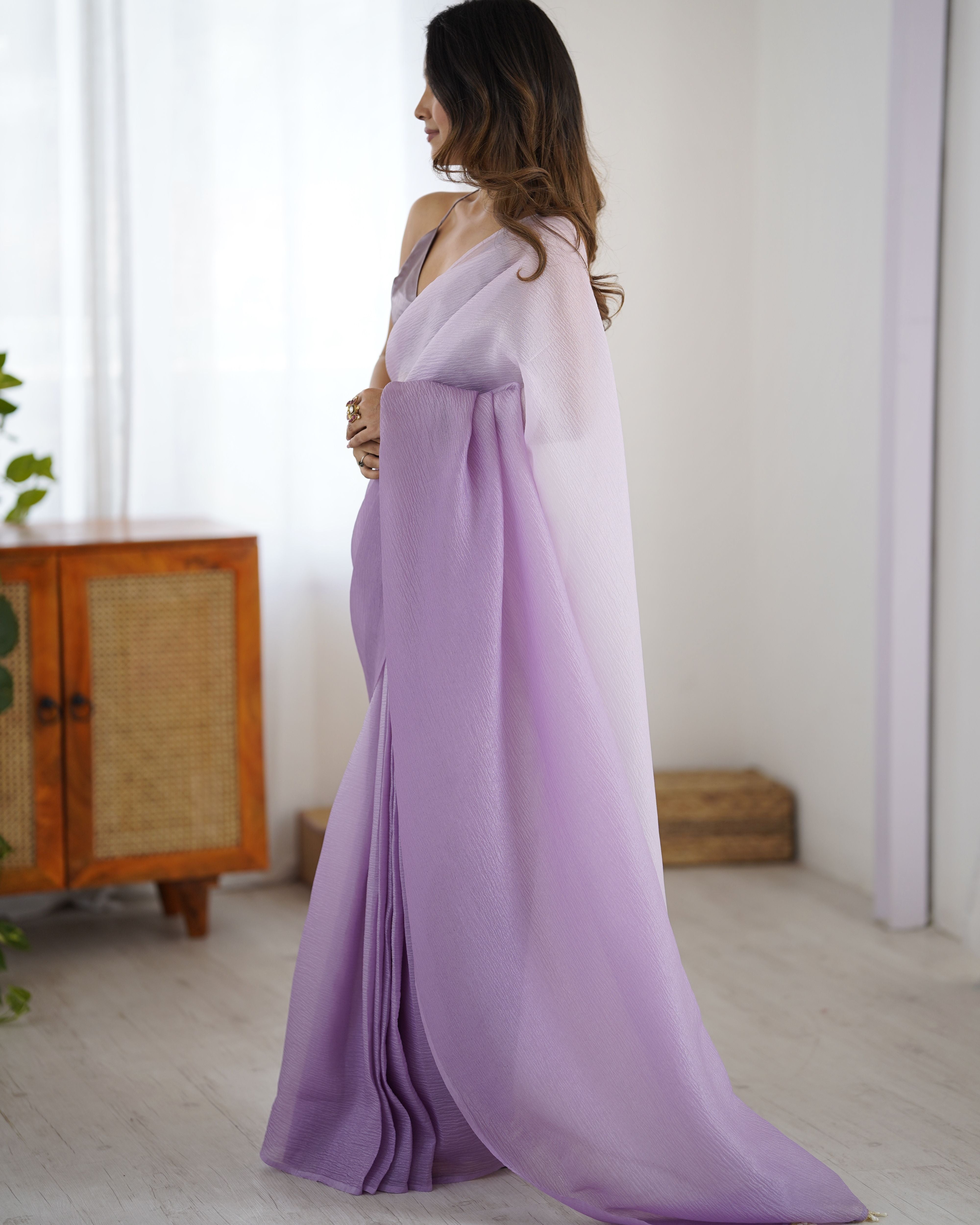 Lavender shaded Pure Soft Candy Crush Silk Ready to Wear Saree ##color## Ready to Wear Saree with premium fabric and embroidery