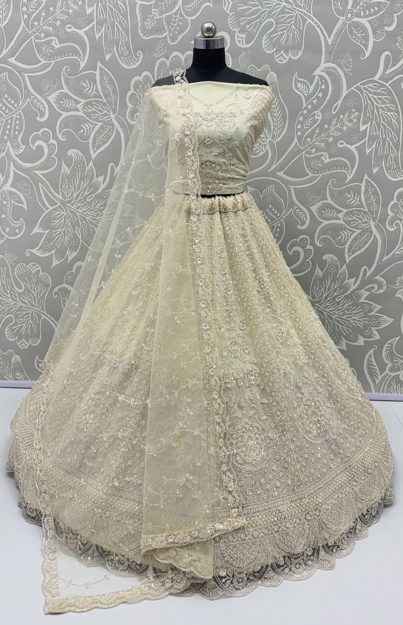 Cream Pure Heavy Net Motif Handwork Zari Sequins Work Bridal Lehenga Choli