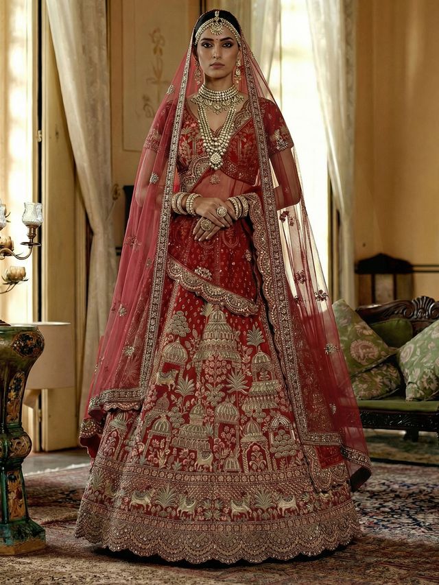 Red Pure Soft Net Heavy Embroidery Work Bridal Lehenga