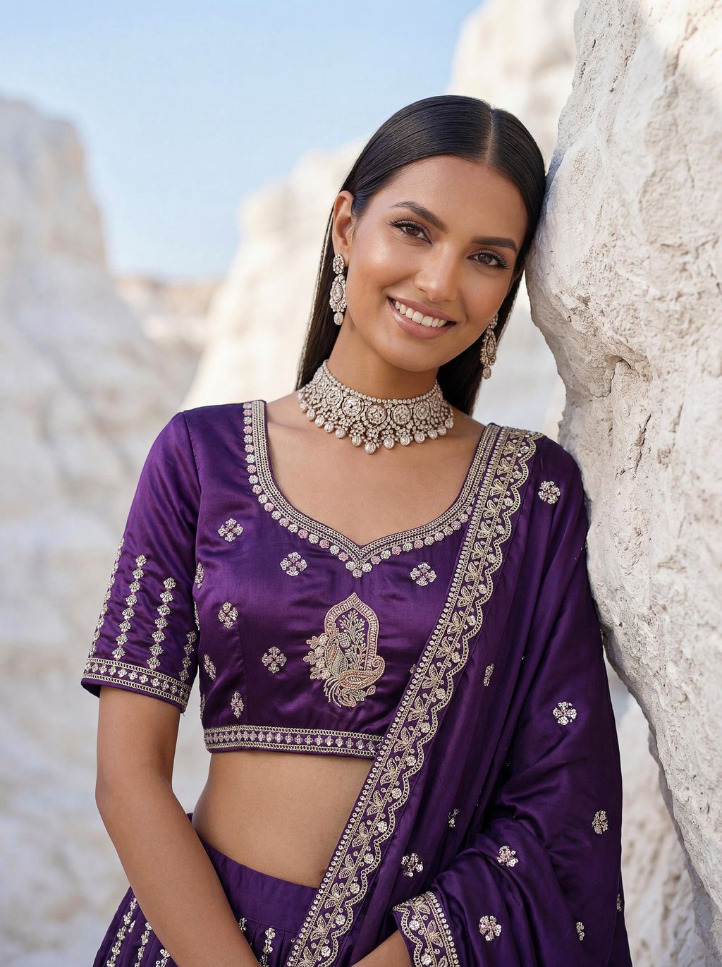Purple Pure Soft Silk Heavy Sequins Embellishment Work Bridal Lehenga Choli 