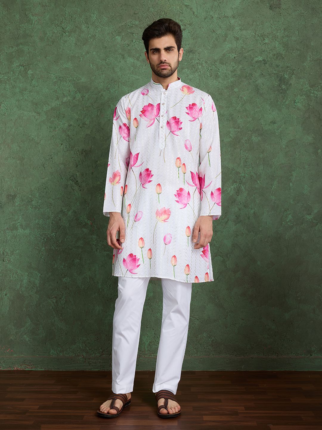White &amp; Pink Pure Heavy Reyon Silk with Embroidery Work Printed Kurta Pajama