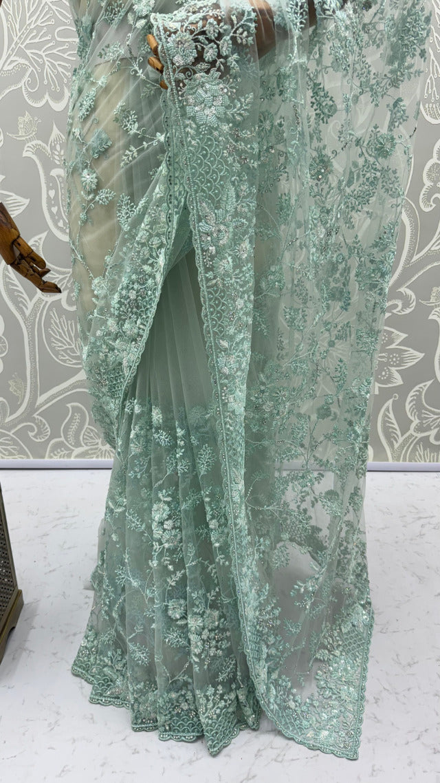 Sea Green Pure Premium Net Handwork Kasti &amp; Motif Zari Metallic Sequins Work Wedding Saree