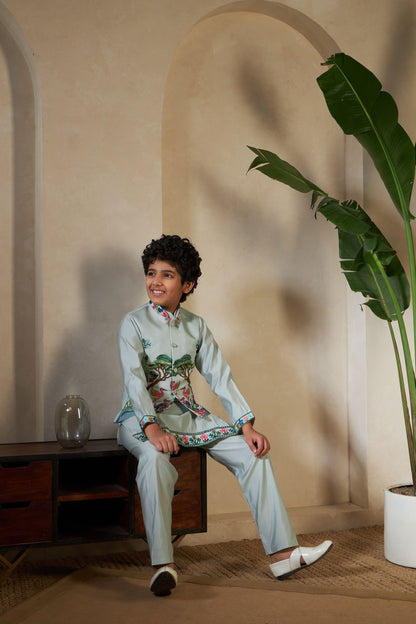 Pista Pure Viscose Silk Silk Kids Boy Kurta Pajama With Koti Jacket 