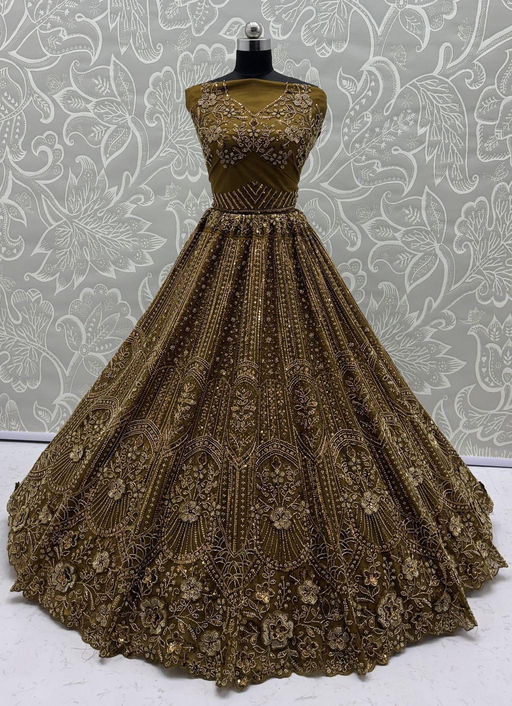 Golden Pure Soft Net Heavy Embroidery Work Bridal Lehenga