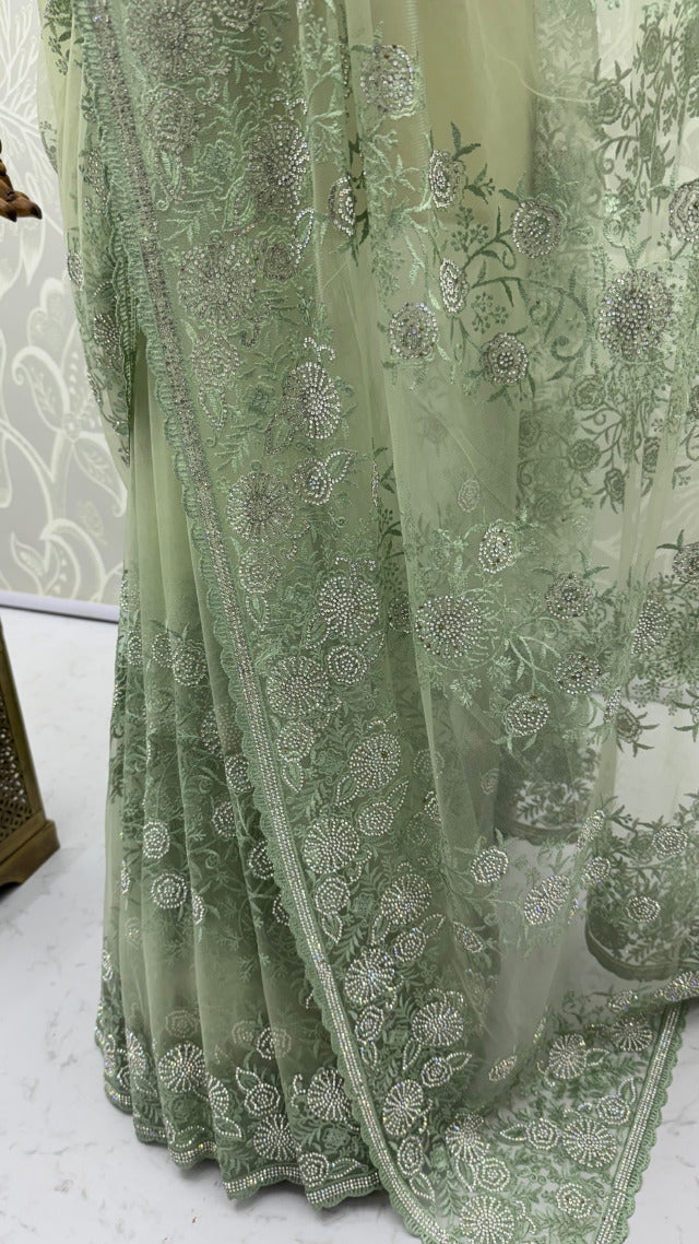Olive Green Pure Premium Net Handwork Kasti &amp; Motif Zari Metallic Sequins Work Wedding Saree