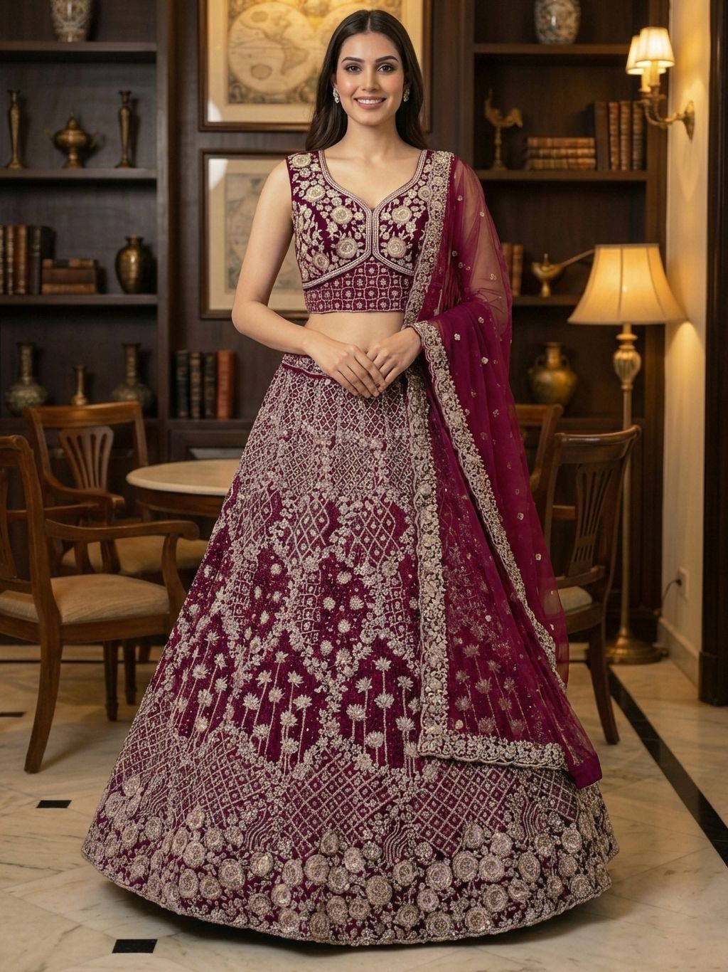 Raspberry Pure Soft Net Heavy Embroidery Work Bridal Lehenga