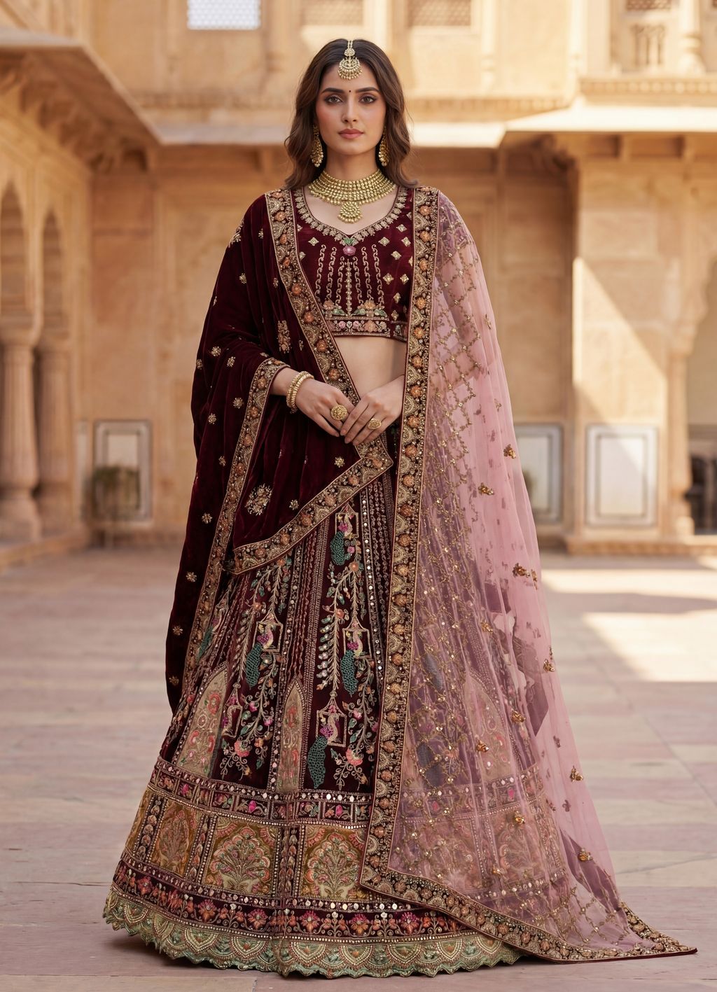 Wine Pure Soft Velvet Heavy Embroidery Patch Work Bridal Lehenga