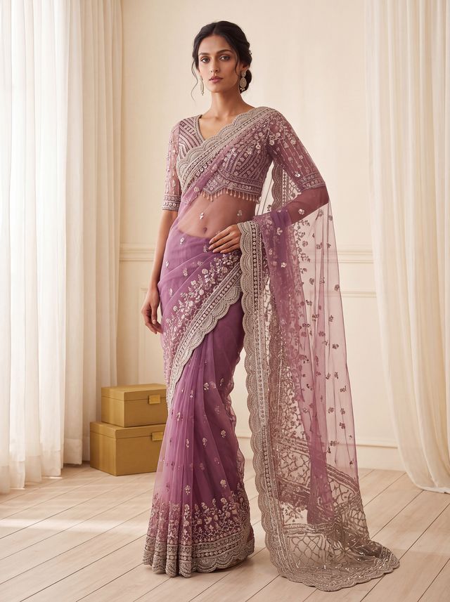Purple Pure Premium Net Handwork Kasti &amp; Motif Zari Metallic Sequins Work Wedding Saree