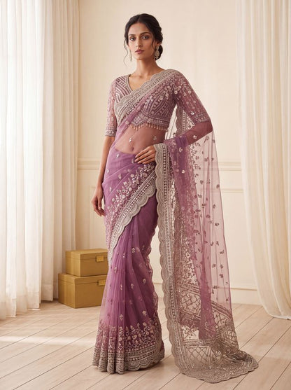 Purple Pure Premium Net Handwork Kasti &amp; Motif Zari Metallic Sequins Work Wedding Saree