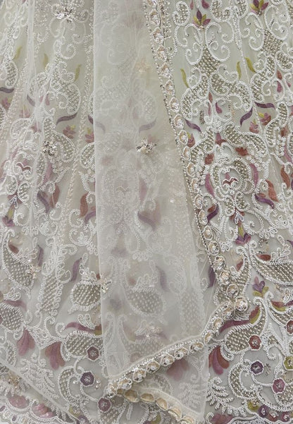 White Pure Heavy Net Motif Handwork Zari Sequins Work Bridal Lehenga Choli