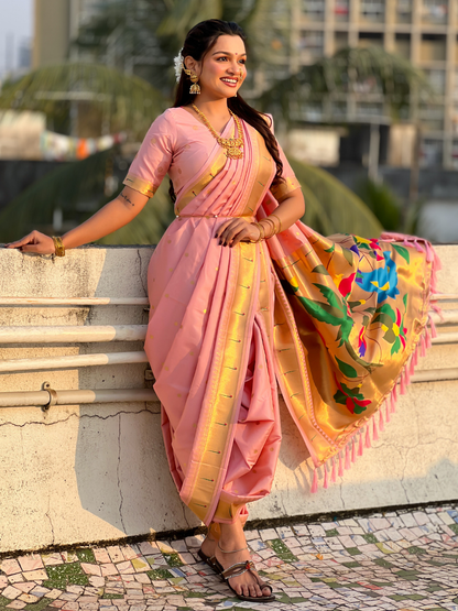 Baby Pink Wedding Special Nauvari Paithani Soft Silk Saree 
