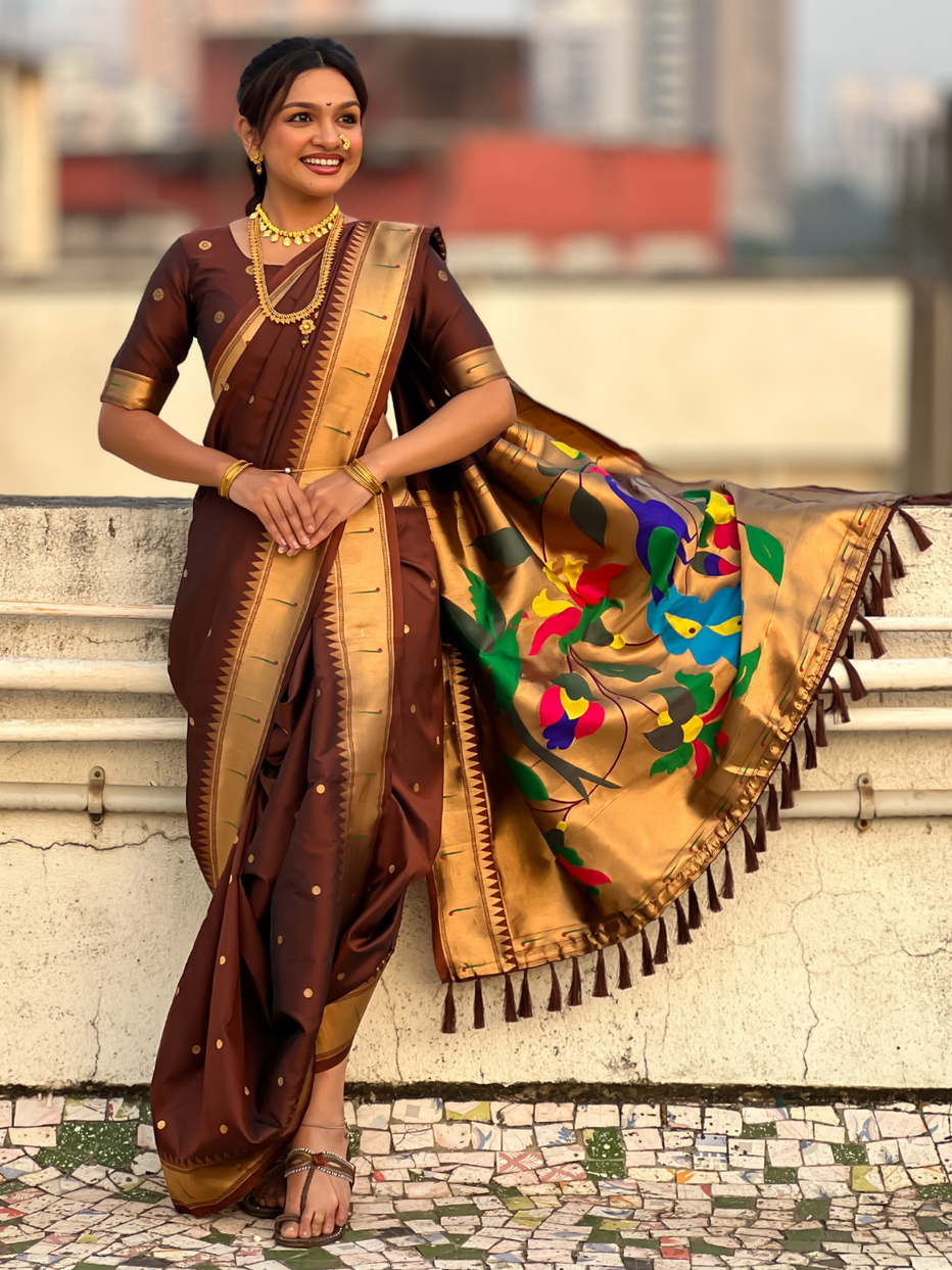 Coffee Wedding Special Nauvari Paithani Soft Silk Saree 
