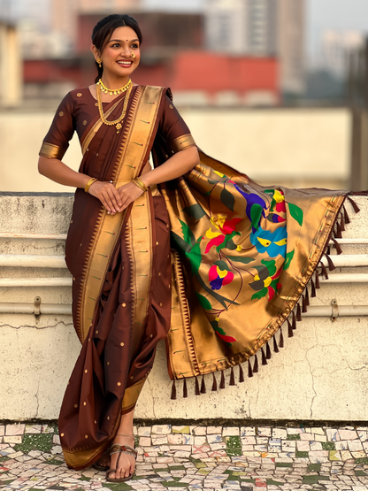 Coffee Wedding Special Nauvari Paithani Soft Silk Saree 