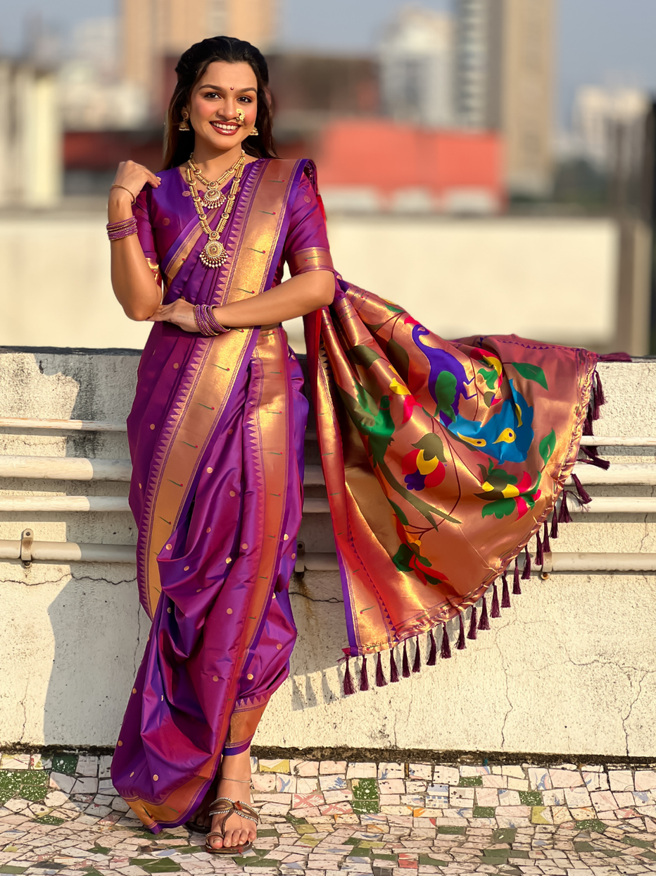 Purple Wedding Special Nauvari Paithani Soft Silk Saree ##color## Paithani Saree with premium fabric and embroidery