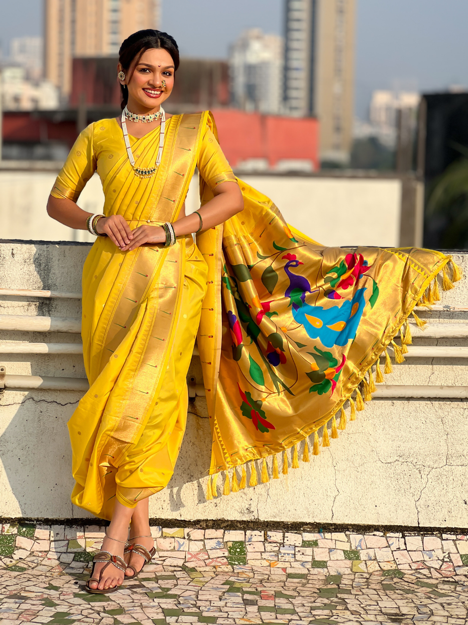Yellow Wedding Special Nauvari Paithani Soft Silk Saree 