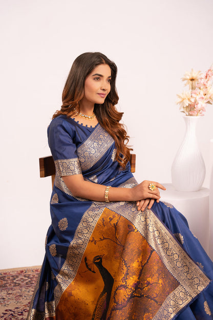 Navy Blue Pure Soft Banarasi Silk Zari Woven Saree 