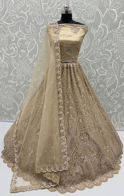 Chiku Pure Heavy Net Motif Handwork Zari Sequins Work Bridal Lehenga Choli