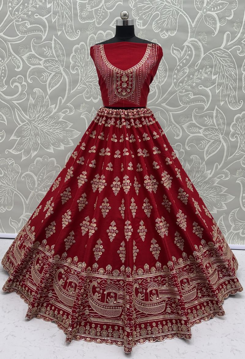 Red Pure Soft Heavy Silk Sequins Embroidery Work Bridal Lehenga 