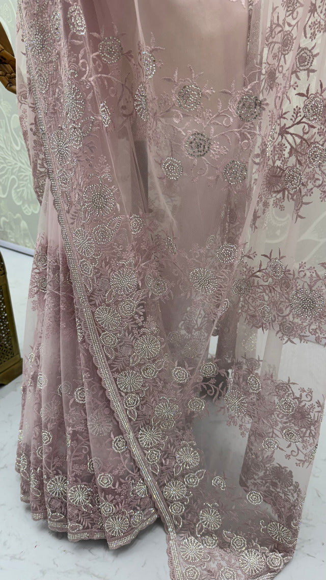 Lavender Pure Premium Net Handwork Kasti &amp; Motif Zari Metallic Sequins Work Wedding Saree