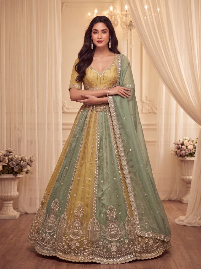Multi Pure Soft Satin Silk Heavy Beads Motif Zari Embroidery Sequins Work Bridal Lehenga Choli