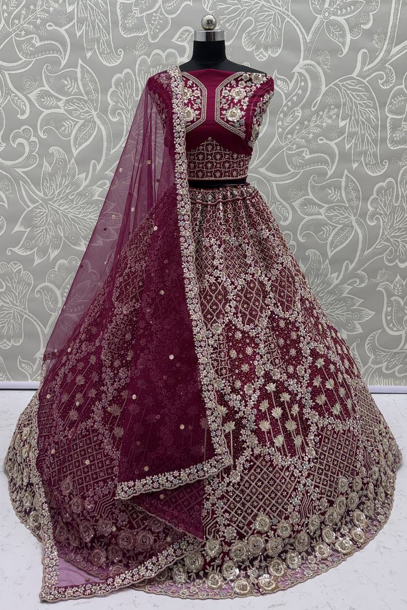 Raspberry Pure Soft Net Heavy Embroidery Work Bridal Lehenga
