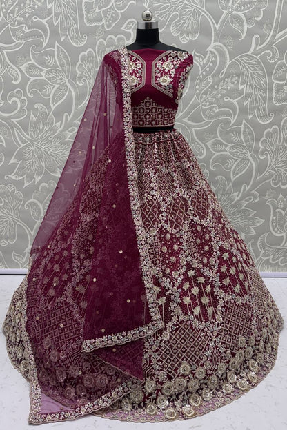Raspberry Pure Soft Net Heavy Embroidery Work Bridal Lehenga