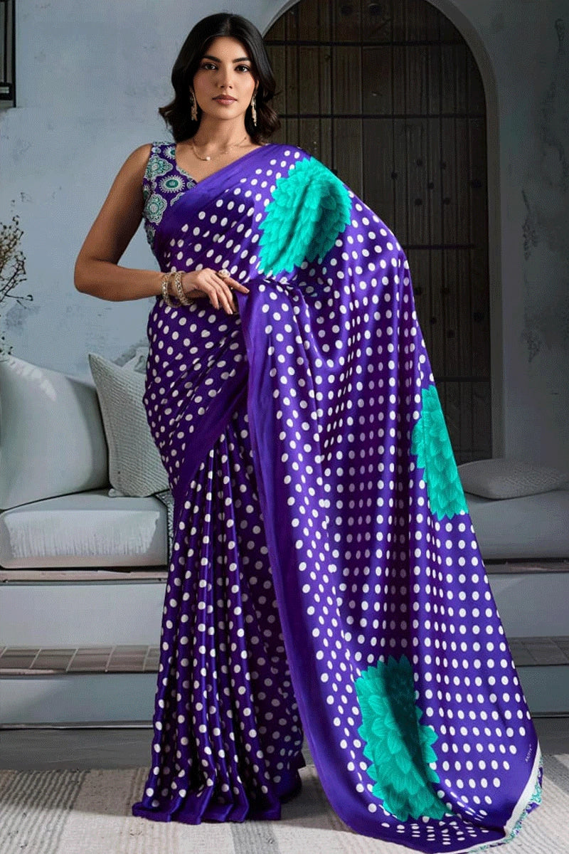 Blue Pure Modal Satin Ajrakh Print Satin Saree