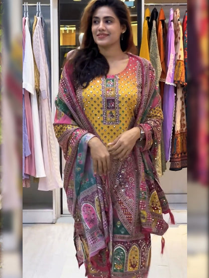 Yellow Pure Soft Muslin Heavy Fancy Plazzo Pair With Dupatta Set 