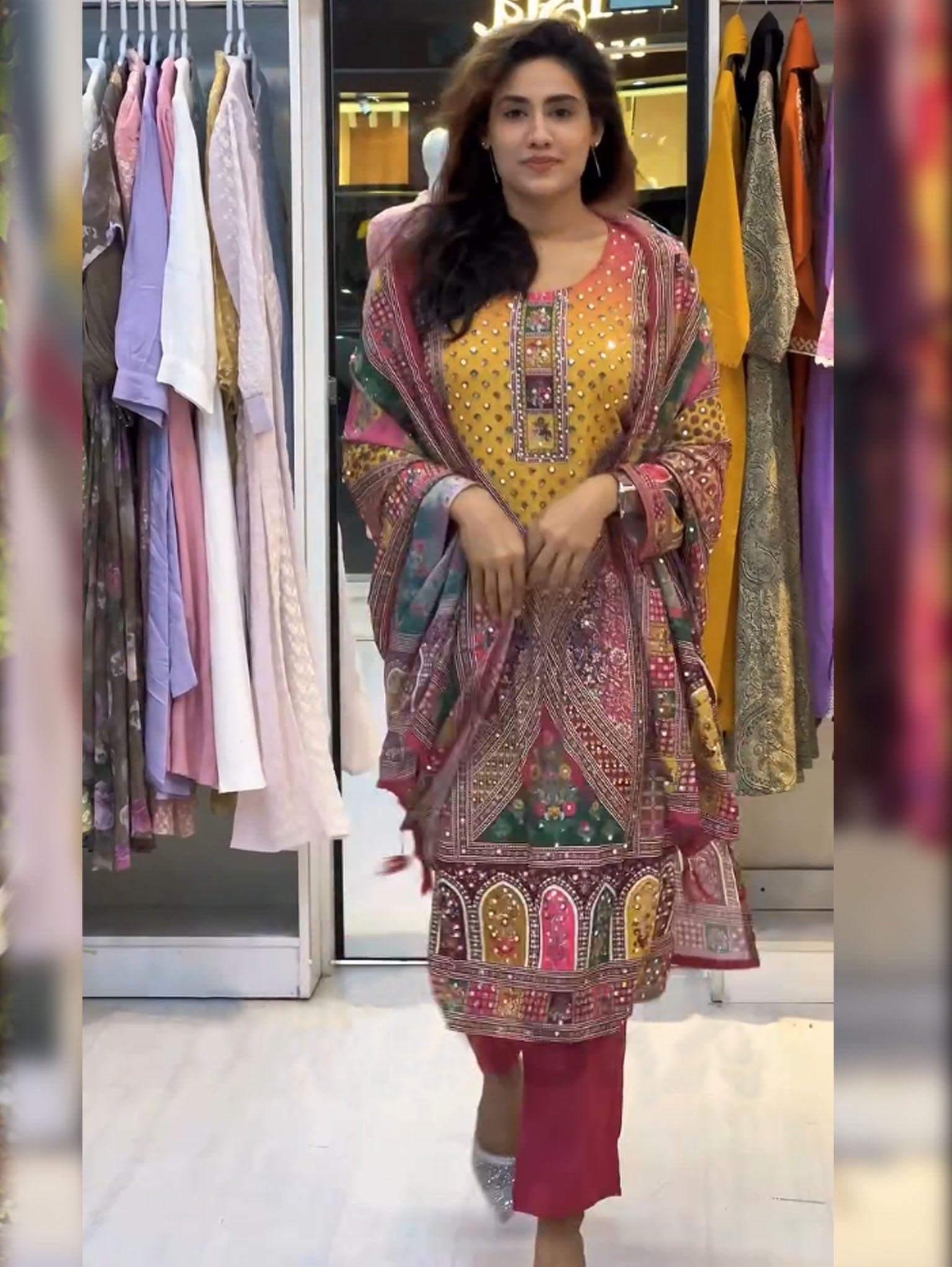 Yellow Pure Soft Muslin Heavy Fancy Plazzo Pair With Dupatta Set ##color## Gharara Suit with premium fabric and embroidery