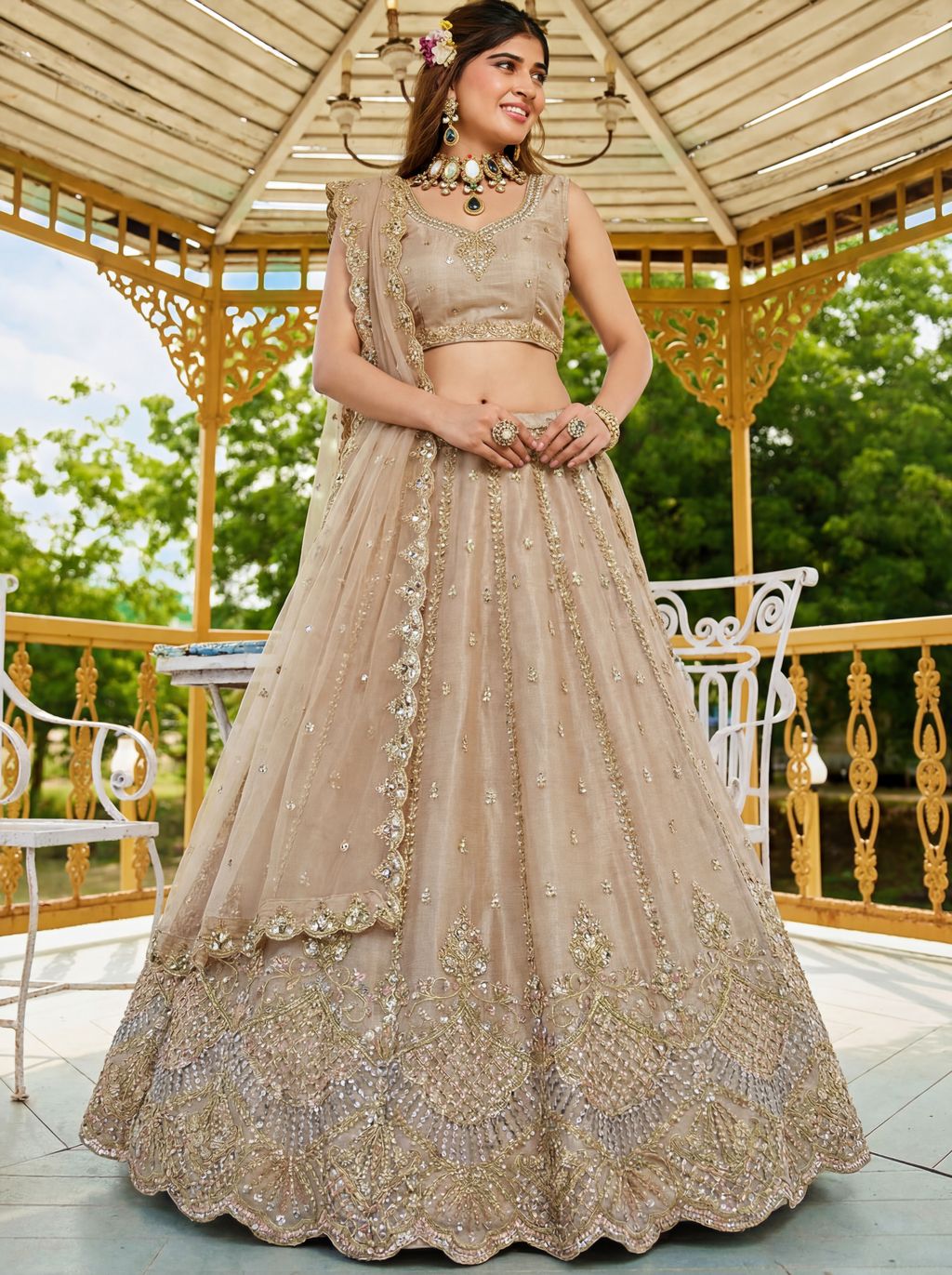 Beige Pure Soft Net Heavy Embroidery Work Bridal Lehenga