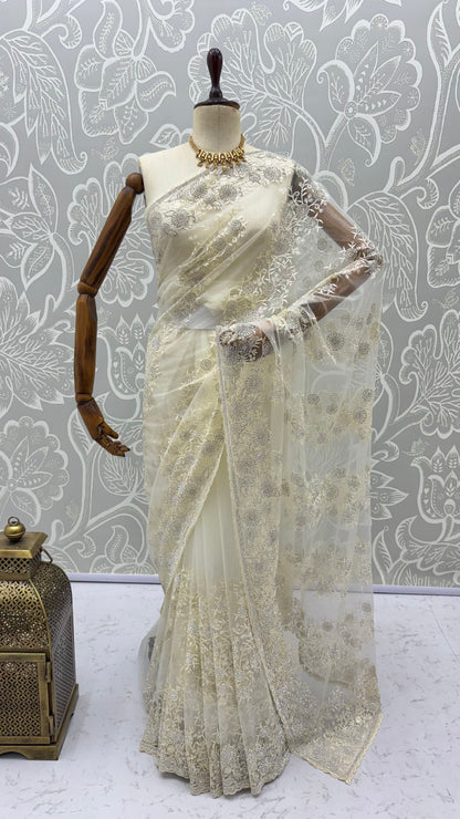 Cream Pure Premium Net Handwork Kasti &amp; Motif Zari Metallic Sequins Work Wedding Saree