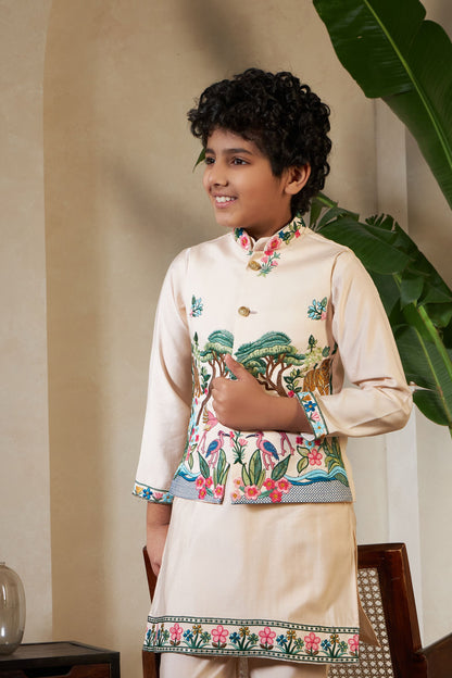 Chiku Pure Viscose Silk Silk Kids Boy Kurta Pajama With Koti Jacket 