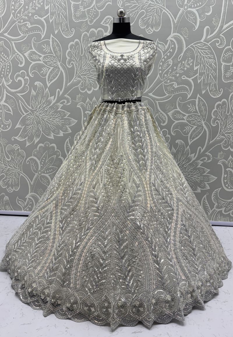 White Pure Soft Heavy net Silk Heavy Embroidery Work Bridal Lehenga