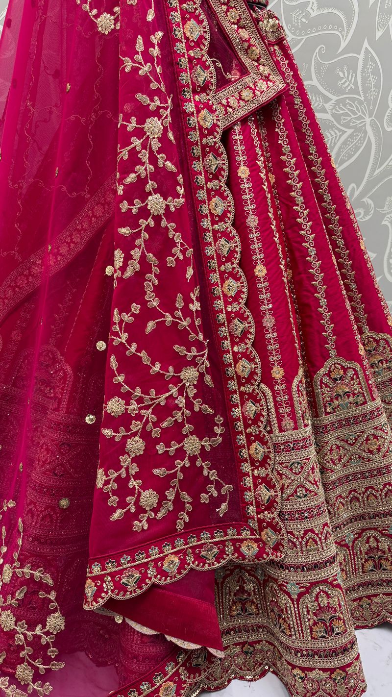 Raspberry Pure Soft Gadhwal Silk Heavy Embroidery Work Bridal Lehenga