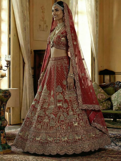 Red Pure Soft Net Heavy Embroidery Work Bridal Lehenga