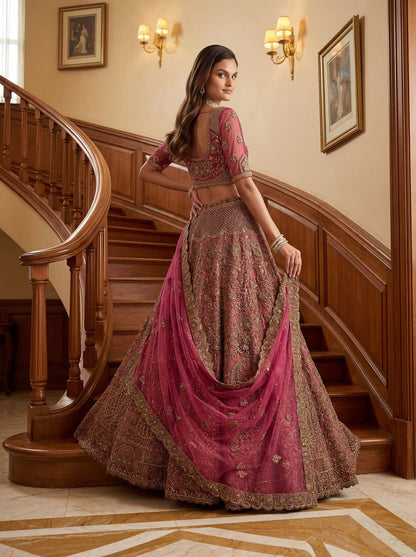 Pink Pure Soft Heavy Net Sequins Embroidery Work Bridal Lehenga 