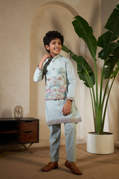 Pista Pure Viscose Silk Silk Kids Boy Kurta Pajama With Koti Jacket 