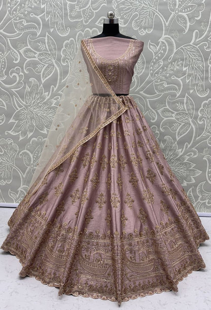 Powder Pink Pure Soft Heavy Silk Sequins Embroidery Work Bridal Lehenga 