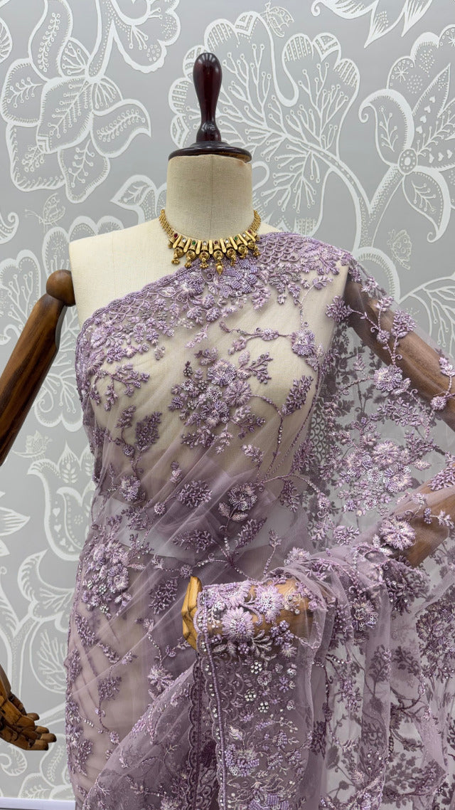 Lavender Pure Premium Net Handwork Kasti &amp; Motif Zari Metallic Sequins Work Wedding Saree