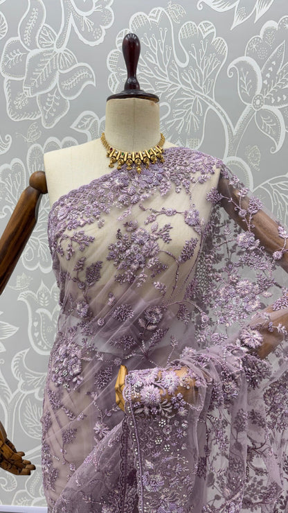 Lavender Pure Premium Net Handwork Kasti &amp; Motif Zari Metallic Sequins Work Wedding Saree