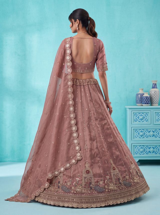 Pink Pure Chandnia Silk Handwork Motif Peacock Pattern Crystal Beads Multi Thread Dori &amp; Sequins Work Bridal Lehenga Choli