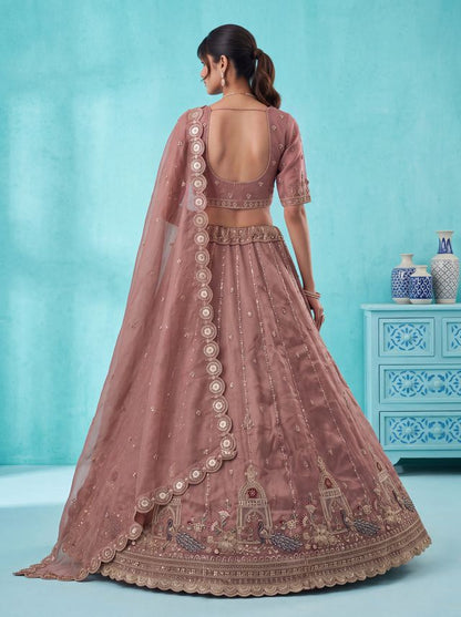 Pink Pure Chandnia Silk Handwork Motif Peacock Pattern Crystal Beads Multi Thread Dori &amp; Sequins Work Bridal Lehenga Choli