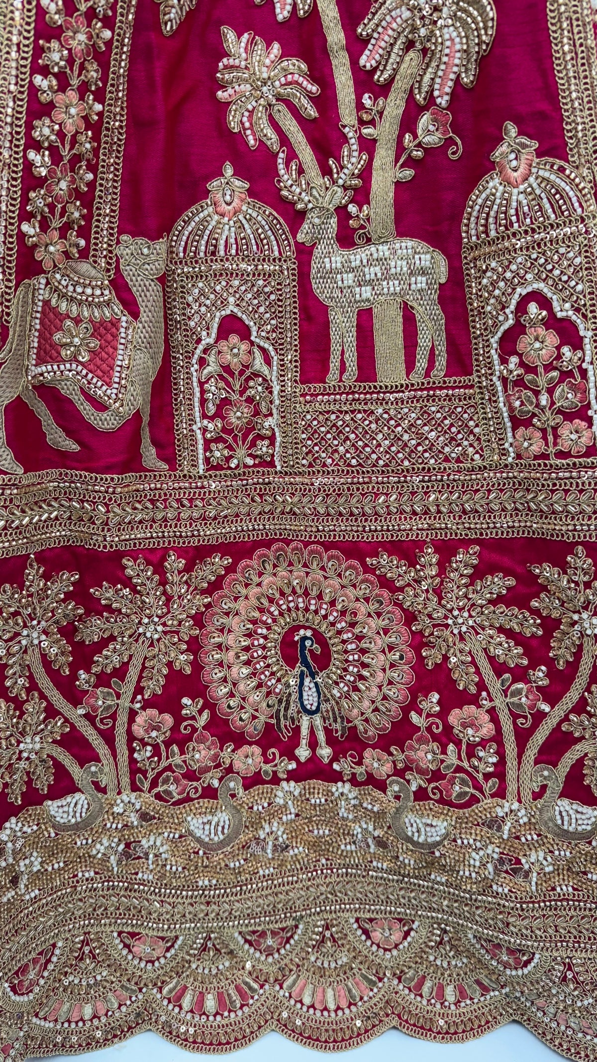 Red Pure Premium Gharwal Siik Peacock &amp; Giraffe Thread &amp; Zari Handwork Crystal Motif 
Sequins Work Bridal Lehenga Choli