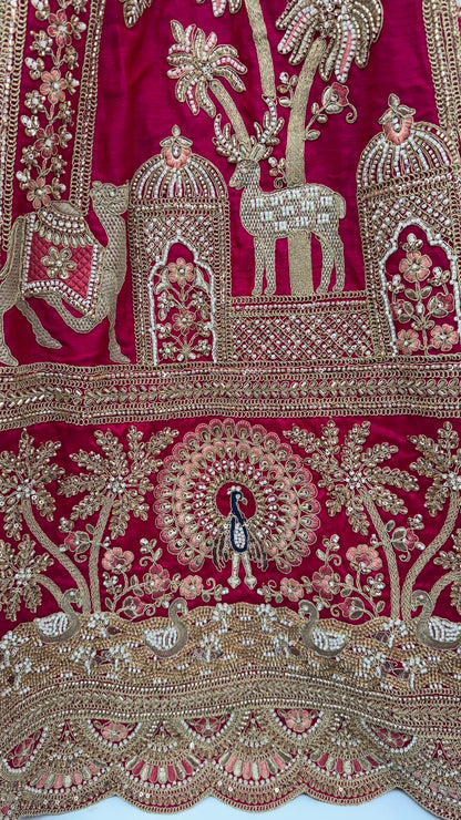 Red Pure Premium Gharwal Siik Peacock &amp; Giraffe Thread &amp; Zari Handwork Crystal Motif 
Sequins Work Bridal Lehenga Choli
