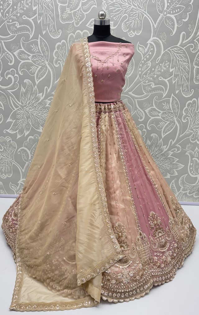 Multi Pure Soft Satin Silk Heavy Beads Motif Zari Embroidery Sequins Work Bridal Lehenga Choli