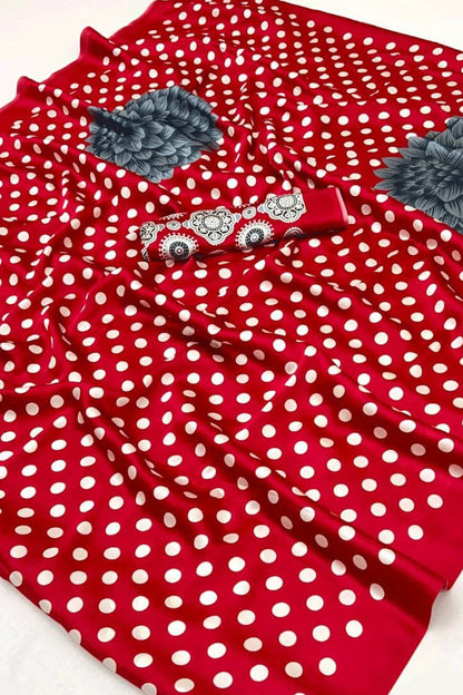 Red Pure Modal Satin Ajrakh Print Satin Saree Japan Satin Saree Anant Tex Exports Pvt.Ltd..